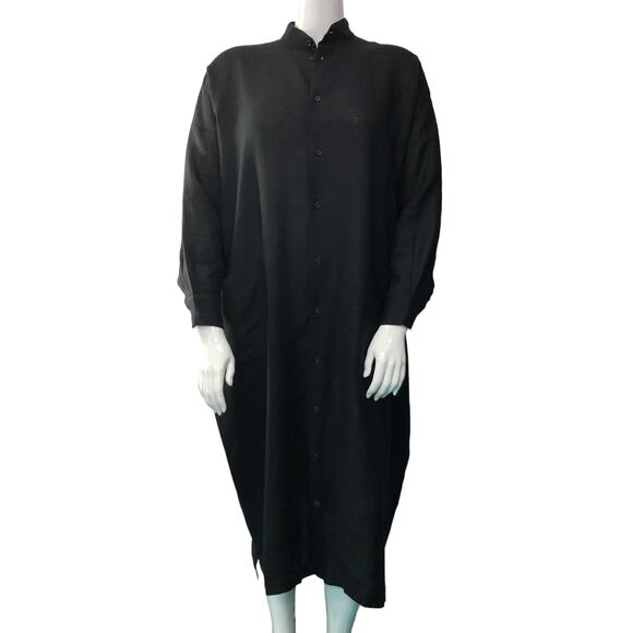 ESKANDAR Size 0 OS Natural Black Mid Weight Linen Maxi Shirt Dress Duster RARE